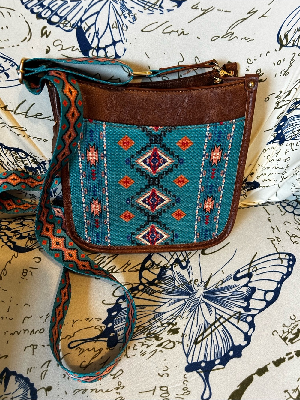 Turquoise Southwestern Crossbody Bag with Brown Trim